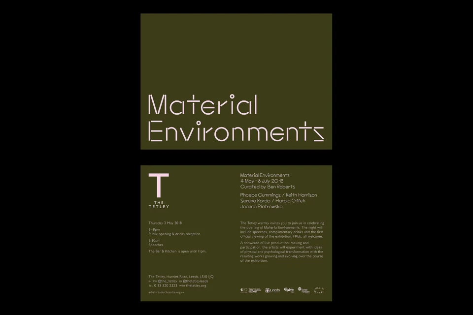 Promotional art event poster featuring the title 'Material Environments', event details, venue information, and participating artist names.