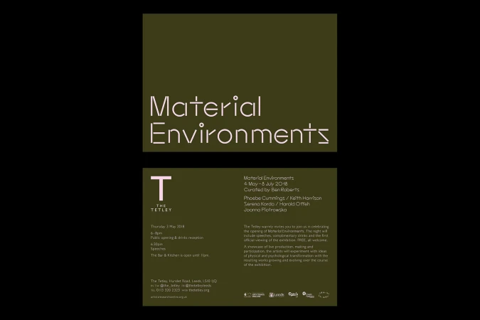 Promotional art event poster featuring the title 'Material Environments', event details, venue information, and participating artist names.