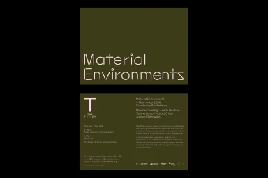 Exhibition poster for Material Environments featuring minimalist typography in light pink on an olive green background.