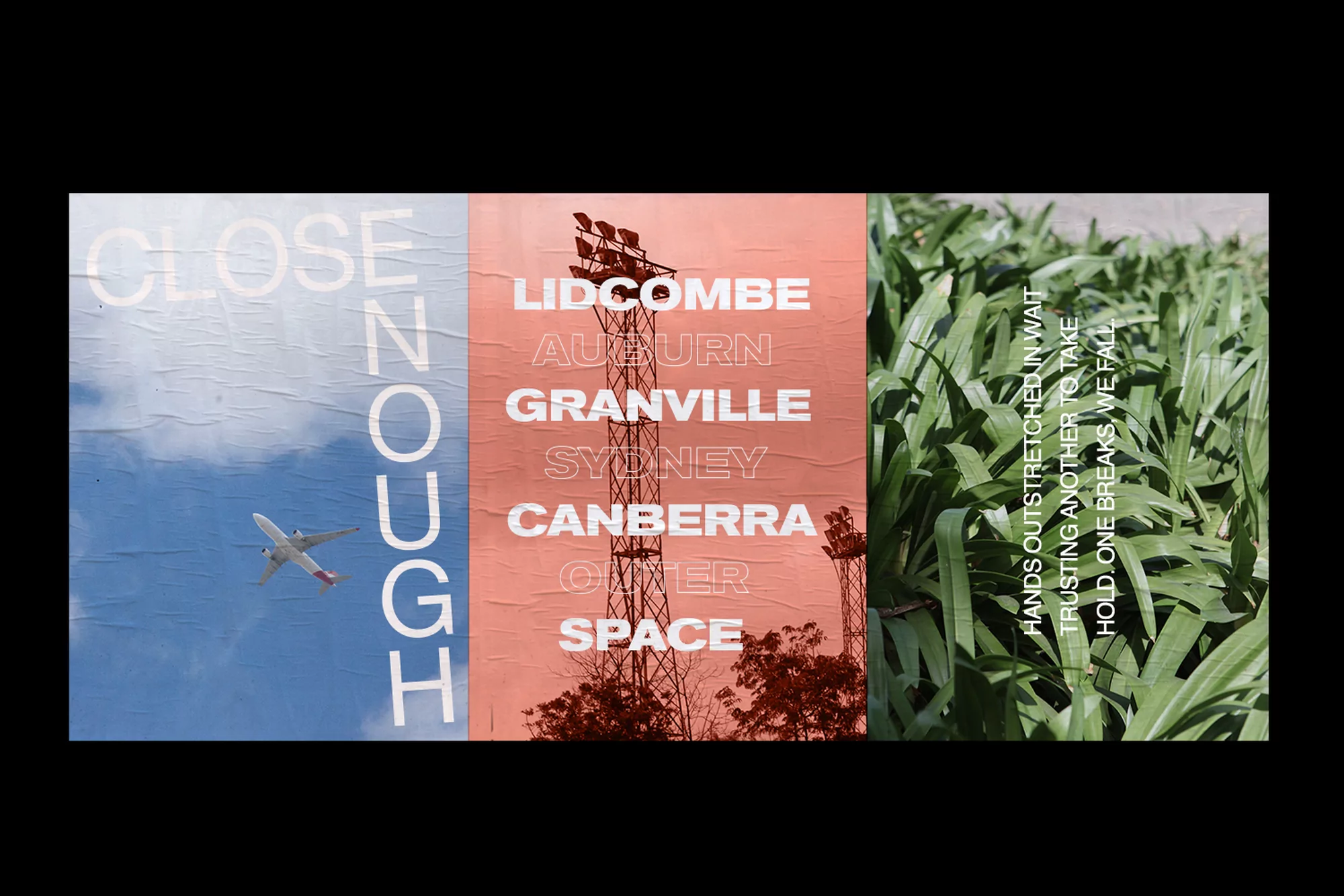 Collage art featuring a plane in the sky, a transmission tower, and green plants, arranged in a triptych style with faded colors.