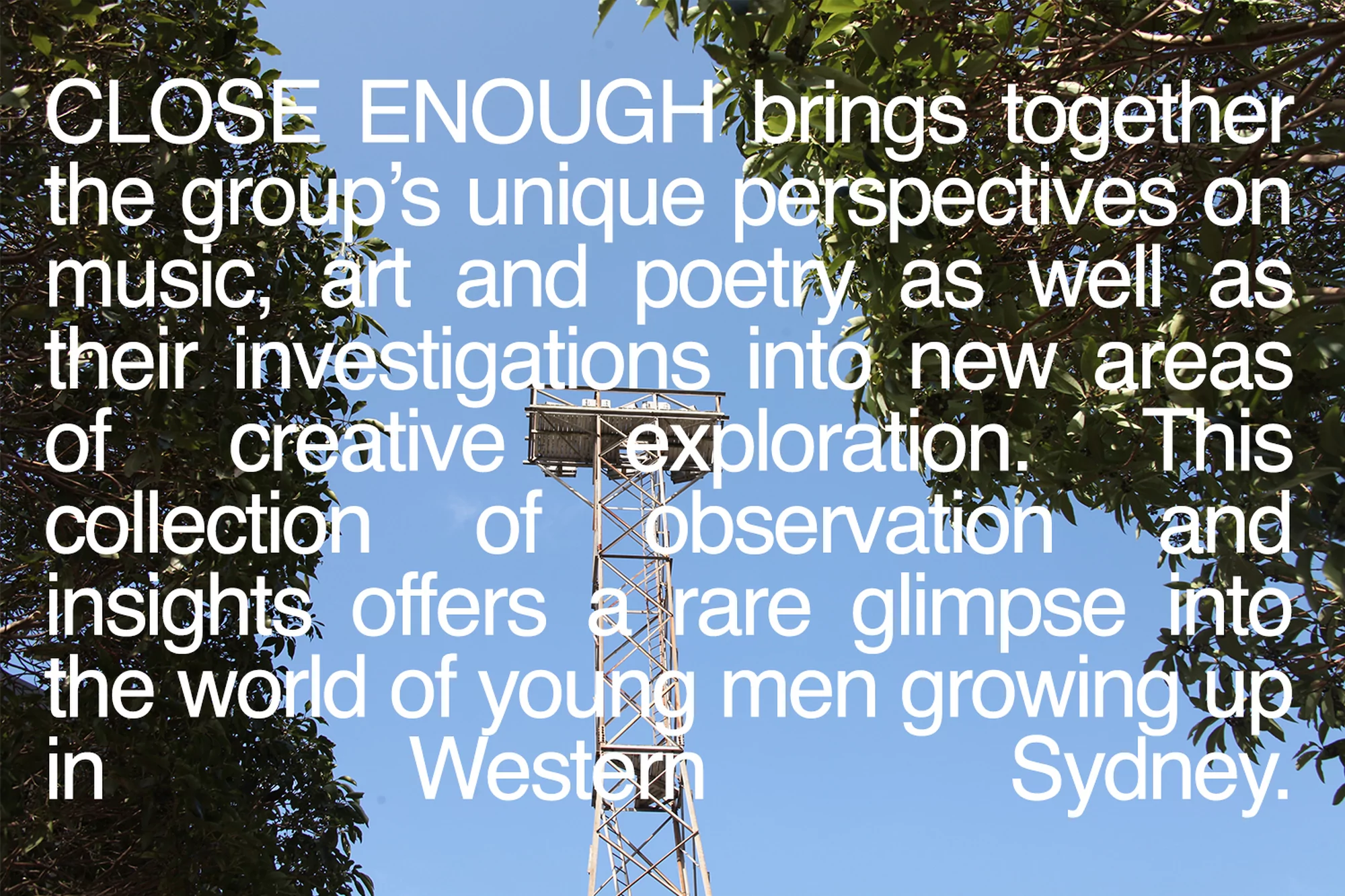 Metal tower structure partially obscured by green foliage against a blue sky, with large white text overlay.