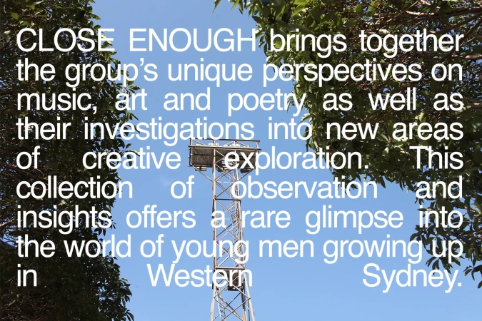 Metal tower structure partially obscured by green foliage against a blue sky, with large white text overlay.