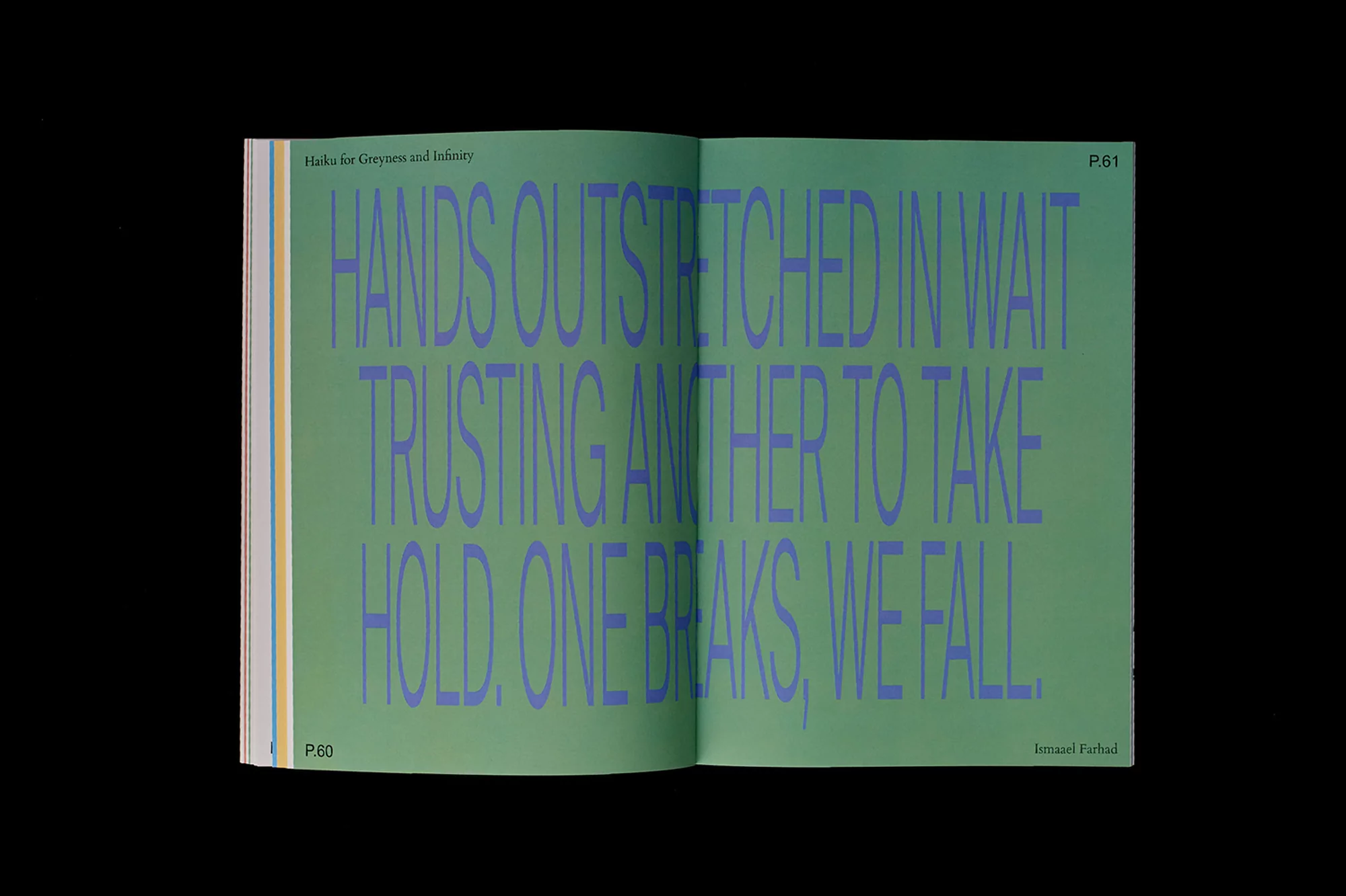 Open book displaying a page spread with a blue text-based design against a green background; title is Haiku for Greyness and Infinity.