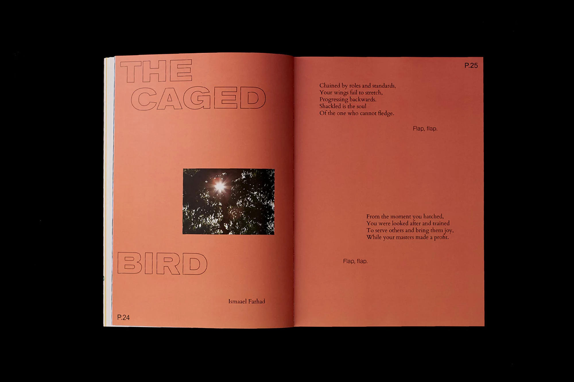 Open book with peach-colored pages featuring text, a small image of trees against the sun, and page numbers 24 and 25.