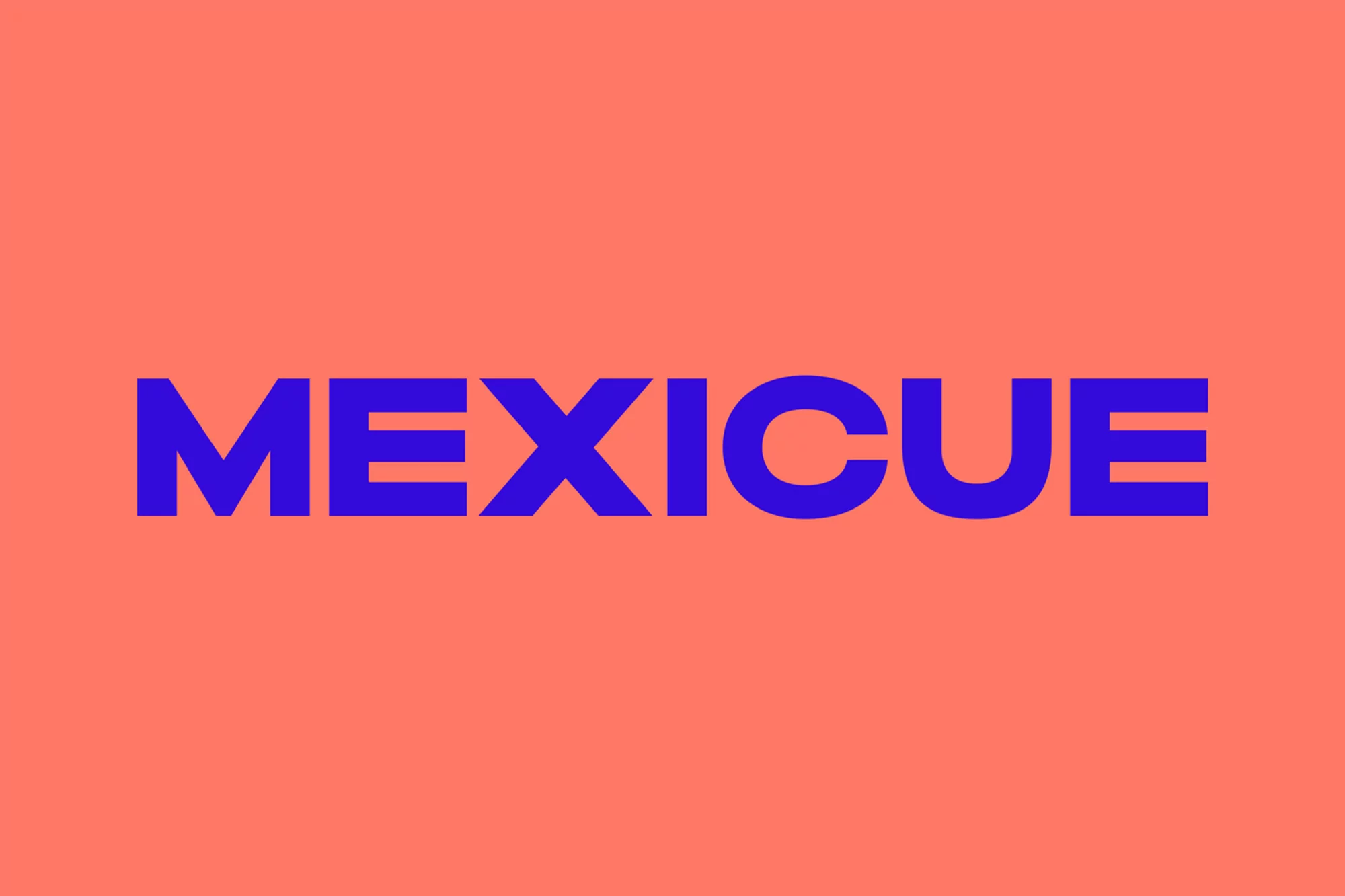 A graphic design image featuring the word 'MEXICUE' in bold blue sans-serif font against a salmon-colored background.