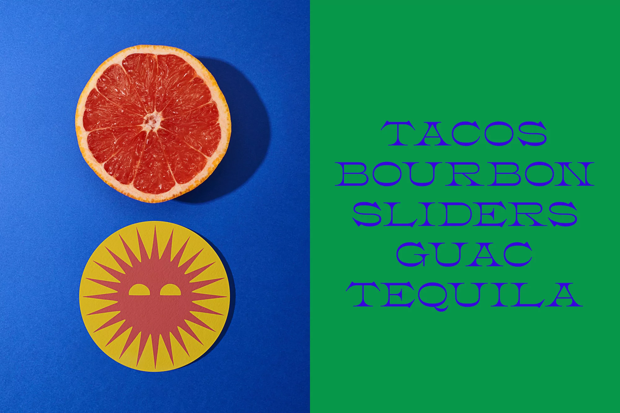 Still life flat lay of a halved grapefruit, a graphic sun coaster, and split blue and green background with lifestyle-related text.