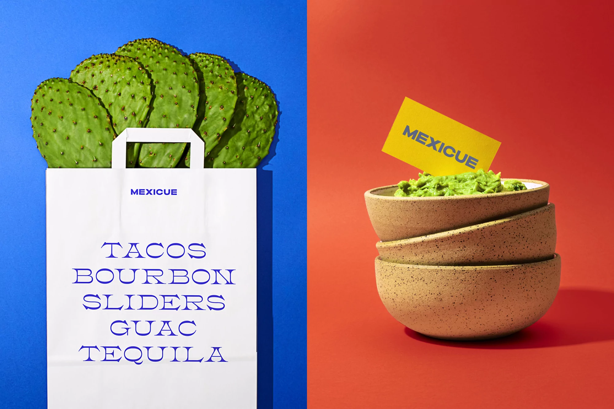 Creative shot of cactus leaves in a paper bag and a stack of ceramic bowls filled with guacamole against a split-color backdrop.