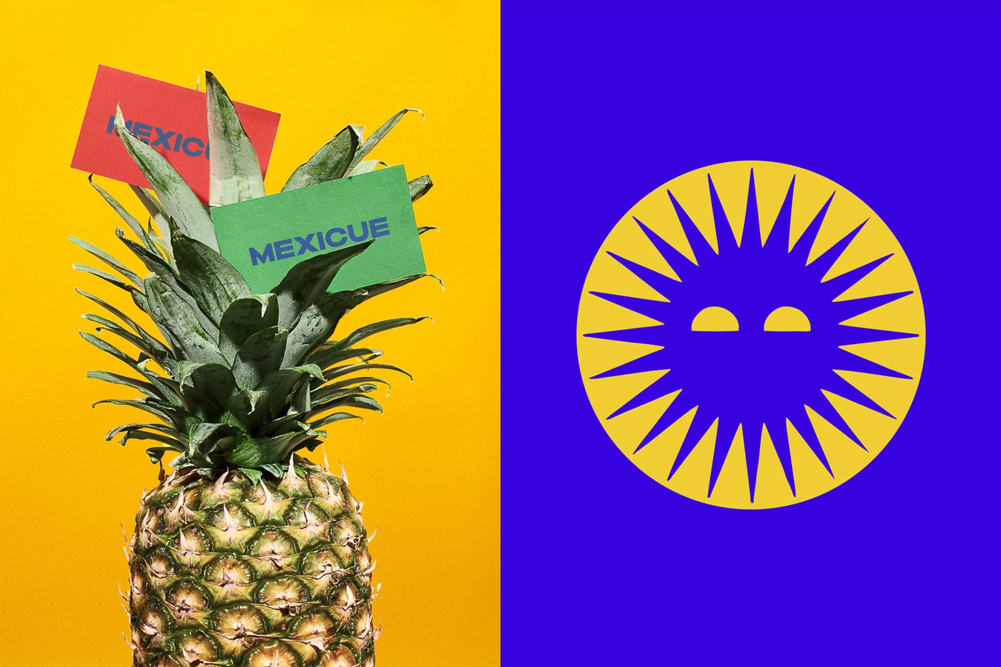 Still life of a fresh pineapple with color cards reading 'MEXICUE' against split yellow and blue backdrop. Abstract fruit concept.