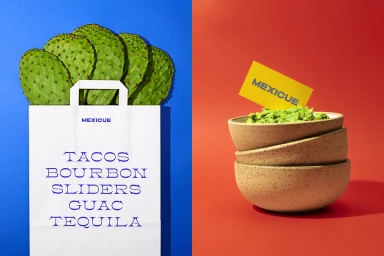 White paper bag with blue text and green cactus pads against a blue background next to a stack of bowls with guacamole against a red background