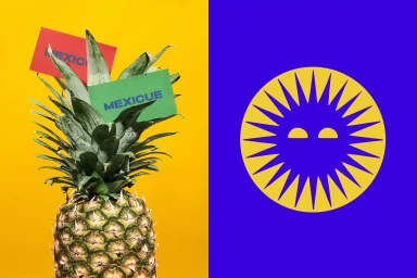 Split-composition image featuring a pineapple with branded cards on a yellow background and a sun logo on a blue background