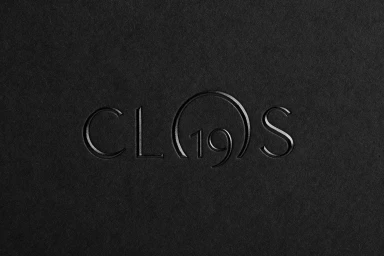 Embossed black typography reading CLOS 19 on a dark textured paper background.
