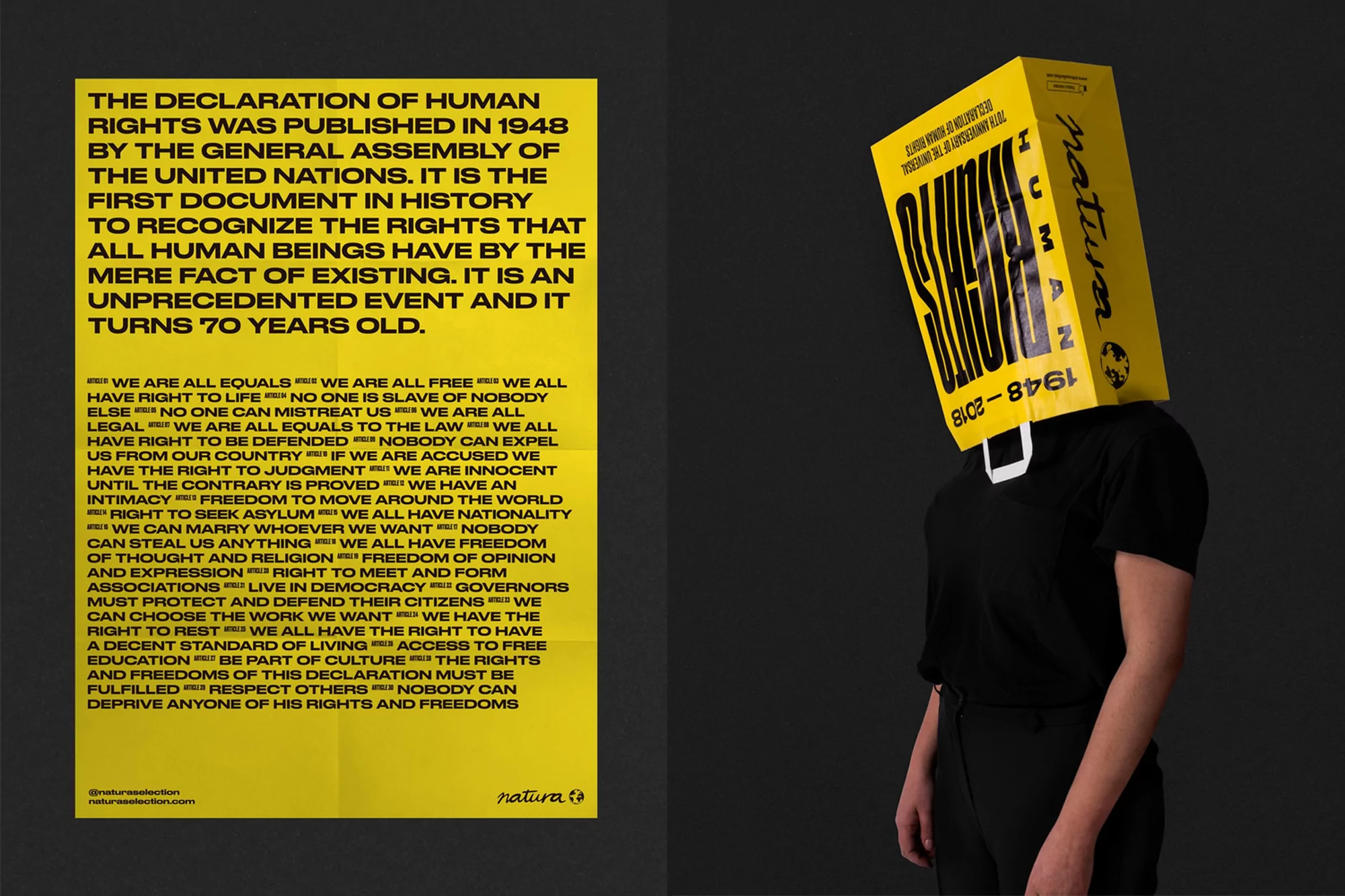 Conceptual image showcasing the Declaration of Human Rights with a person wearing a bag over their head with the Universal Declaration text.