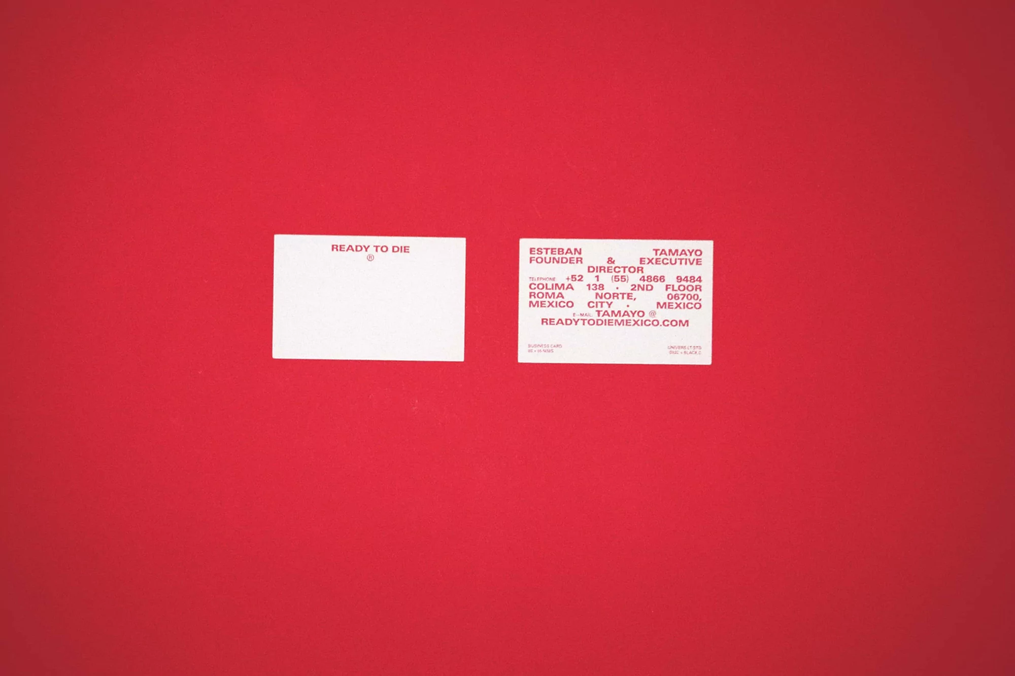 Two business cards on a red background featuring the company name Ready to Die and contact information for Esteban Tamayo in Mexico.