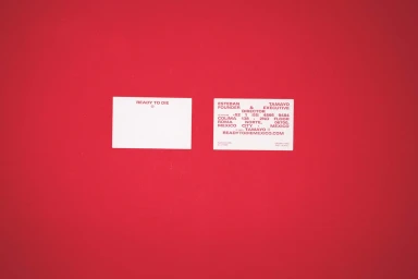 Two white business cards resting flat against a solid red background, featuring red typography and branding text.