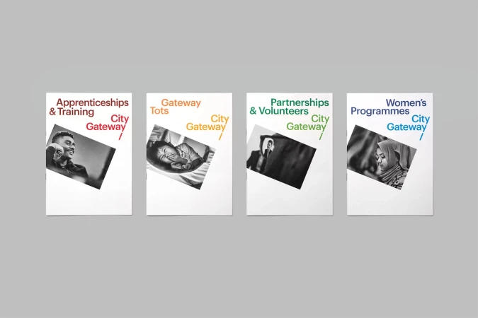 Four posters on a gray backdrop, each featuring black-and-white photos and colorful text for Apprenticeships, Tots, Volunteers, and Women's Programs.