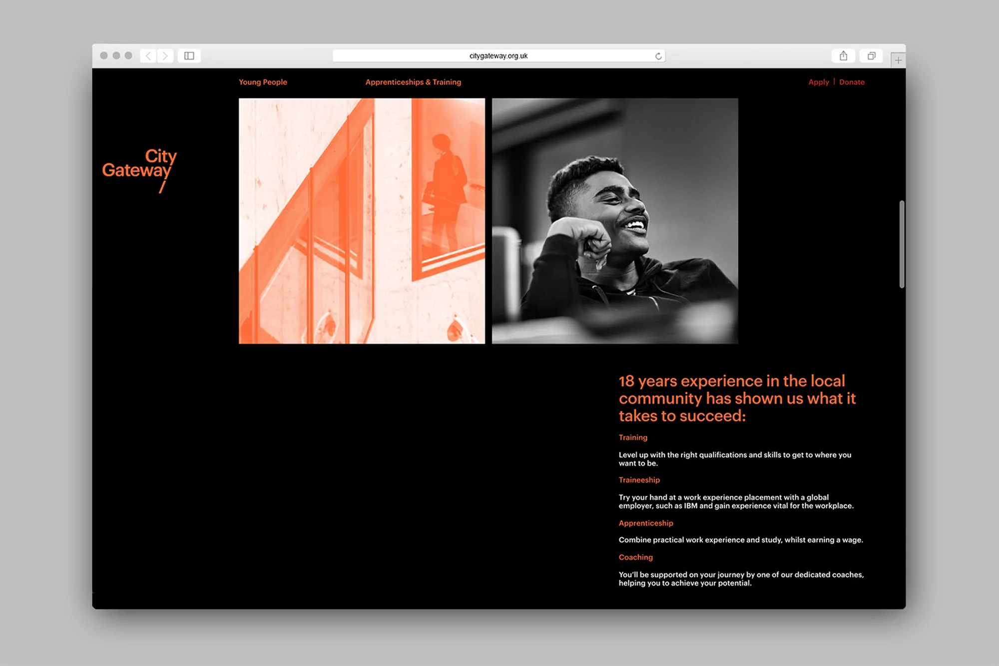 Website screenshot showcasing City Gateway, featuring a smiling man and an architectural building facade, promoting apprenticeships and training.