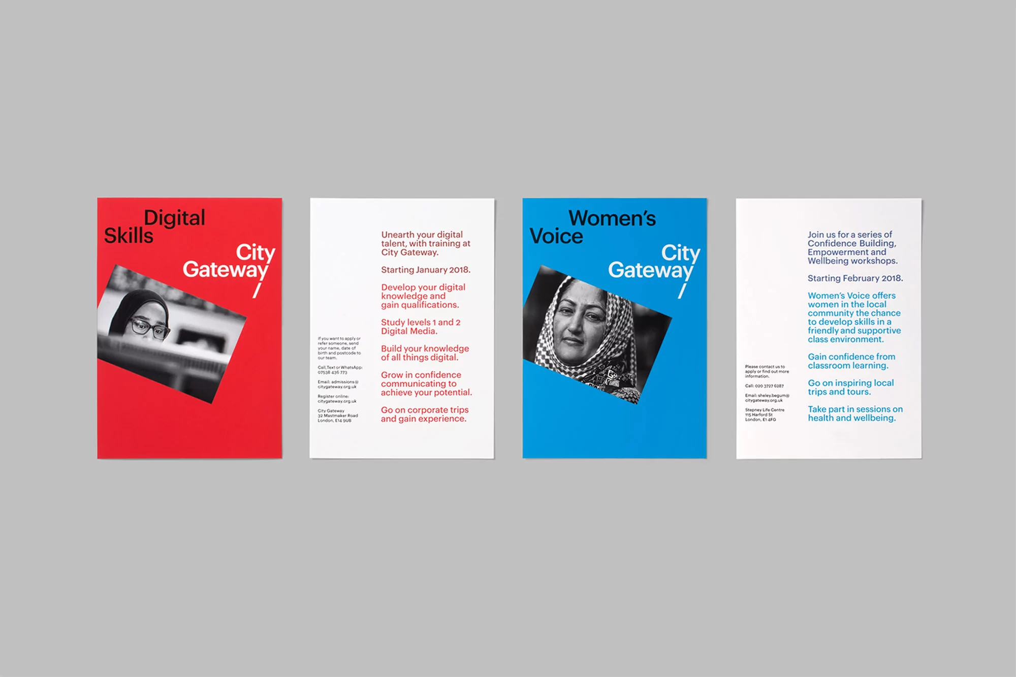 Promotional posters for 'Digital Skills,' 'Women's Voice,' and 'City Gateway' programs displayed against a grey backdrop.
