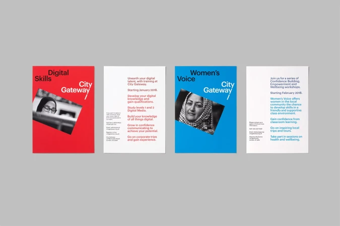 Promotional posters for 'Digital Skills,' 'Women's Voice,' and 'City Gateway' programs displayed against a grey backdrop.