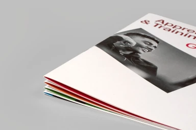 Close-up angled view of stacked printed brochures featuring a black and white portrait and red typography against a light grey surface.