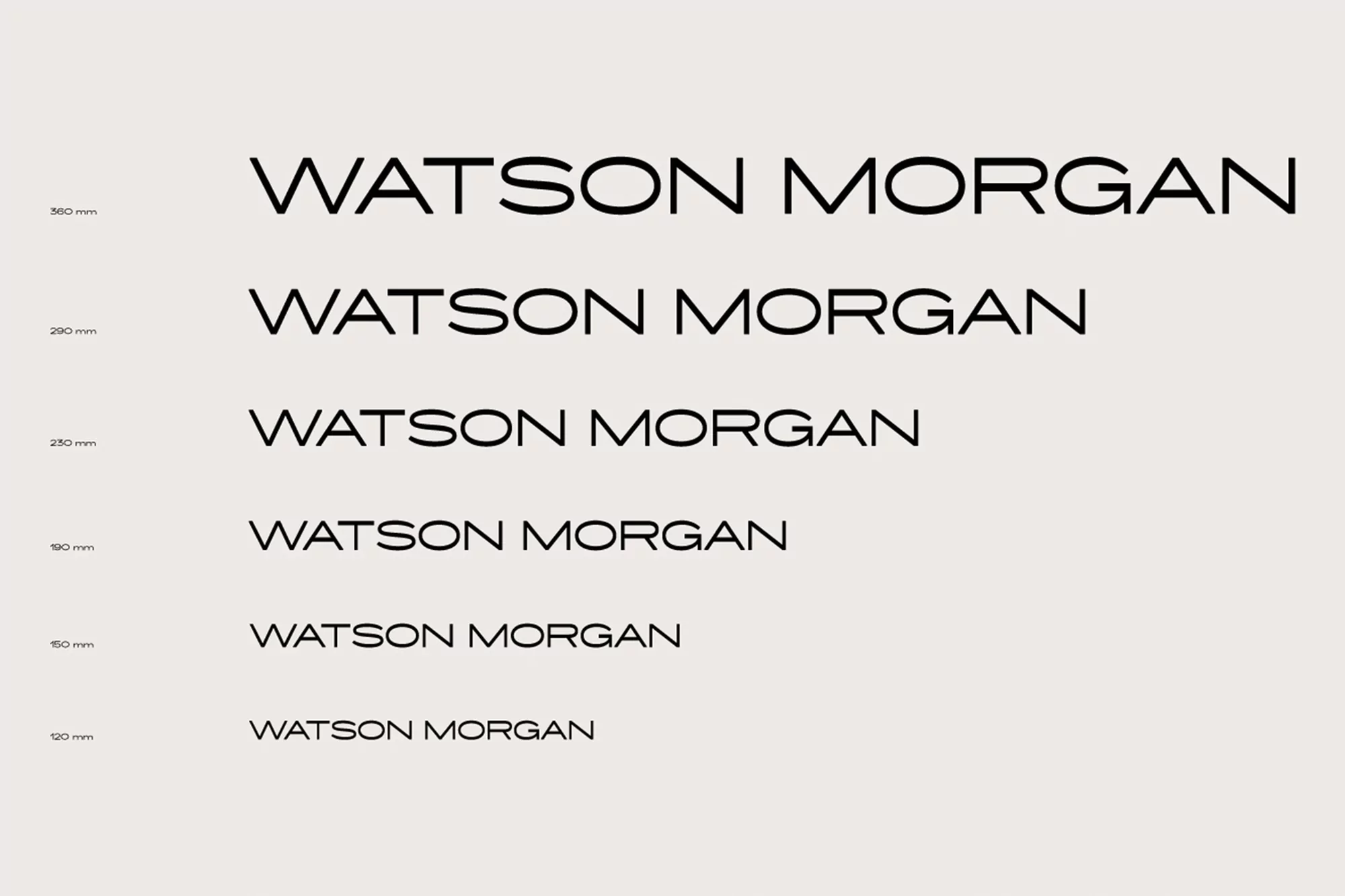 Typography display featuring 'Watson Morgan' repeated in varying sizes against a light background, showcasing font and dimension variations.