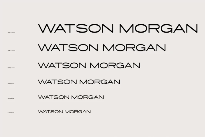 Typography display featuring 'Watson Morgan' repeated in varying sizes against a light background, showcasing font and dimension variations.
