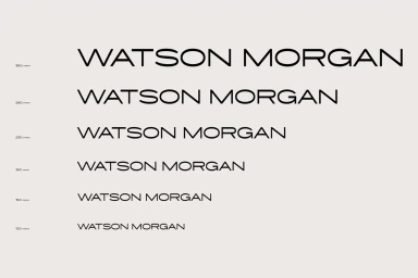 Watson Morgan brand identity typographic layout showing sans-serif logotype in varied scaling on an off-white background