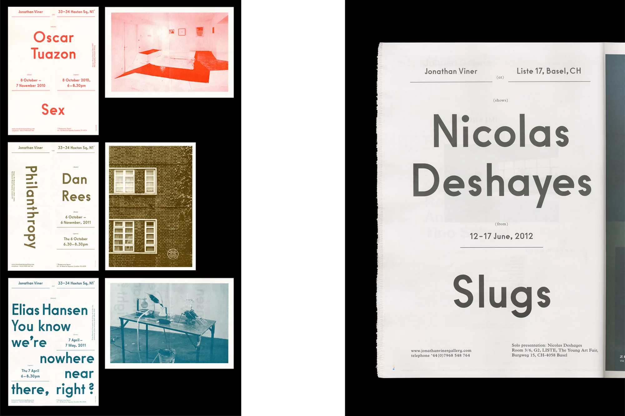 Several promotional posters featuring text, graphics, and photography are displayed against a plain background.