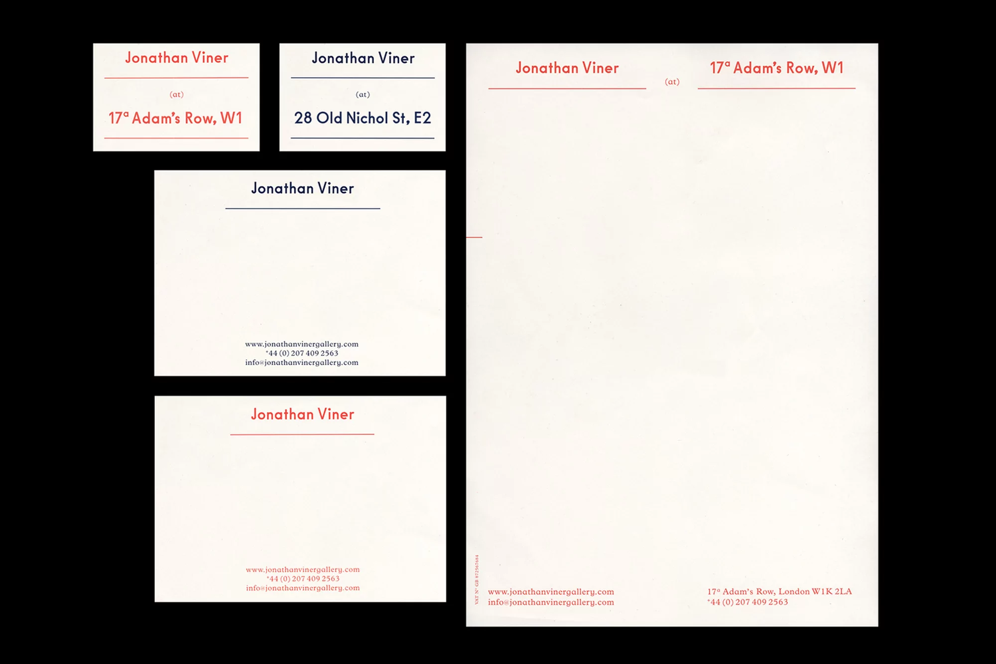 Stationery set featuring the name 'Jonathan Viner' and contact information on a cream background, set against a solid black backdrop.