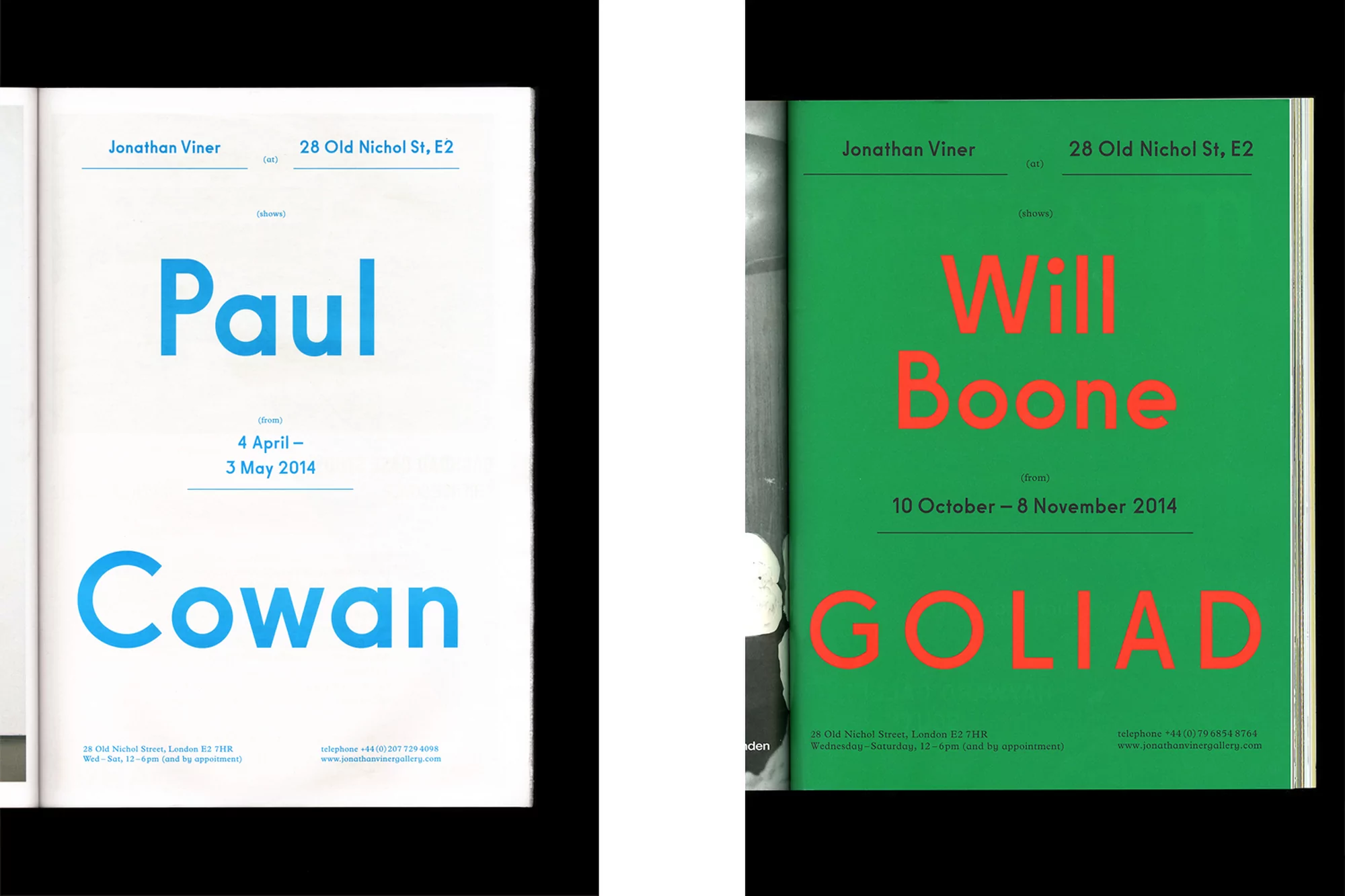 Two exhibition posters feature event details like artist name, gallery address, and dates in a bold, minimalist design.