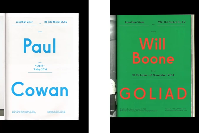 Two open gallery publication pages featuring typographic event details in blue and green layouts for Jonathan Viner Gallery.