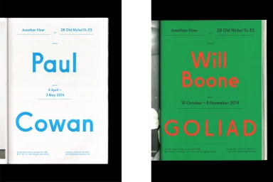 Two open gallery publication pages featuring typographic event details in blue and green layouts for Jonathan Viner Gallery.