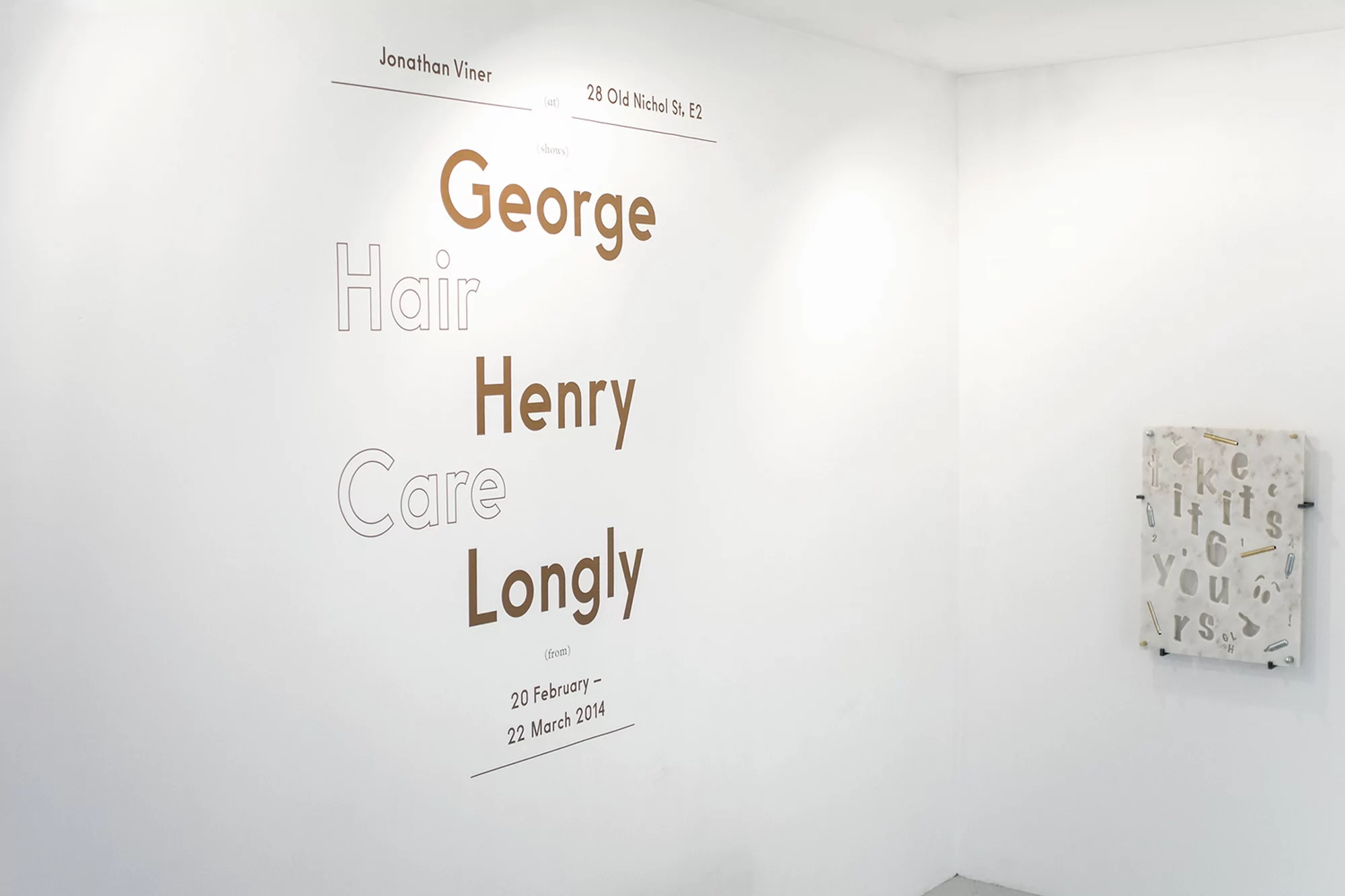 Exhibition wall graphics and typography reading Jonathan Viner for George Hair Henry Care Longly