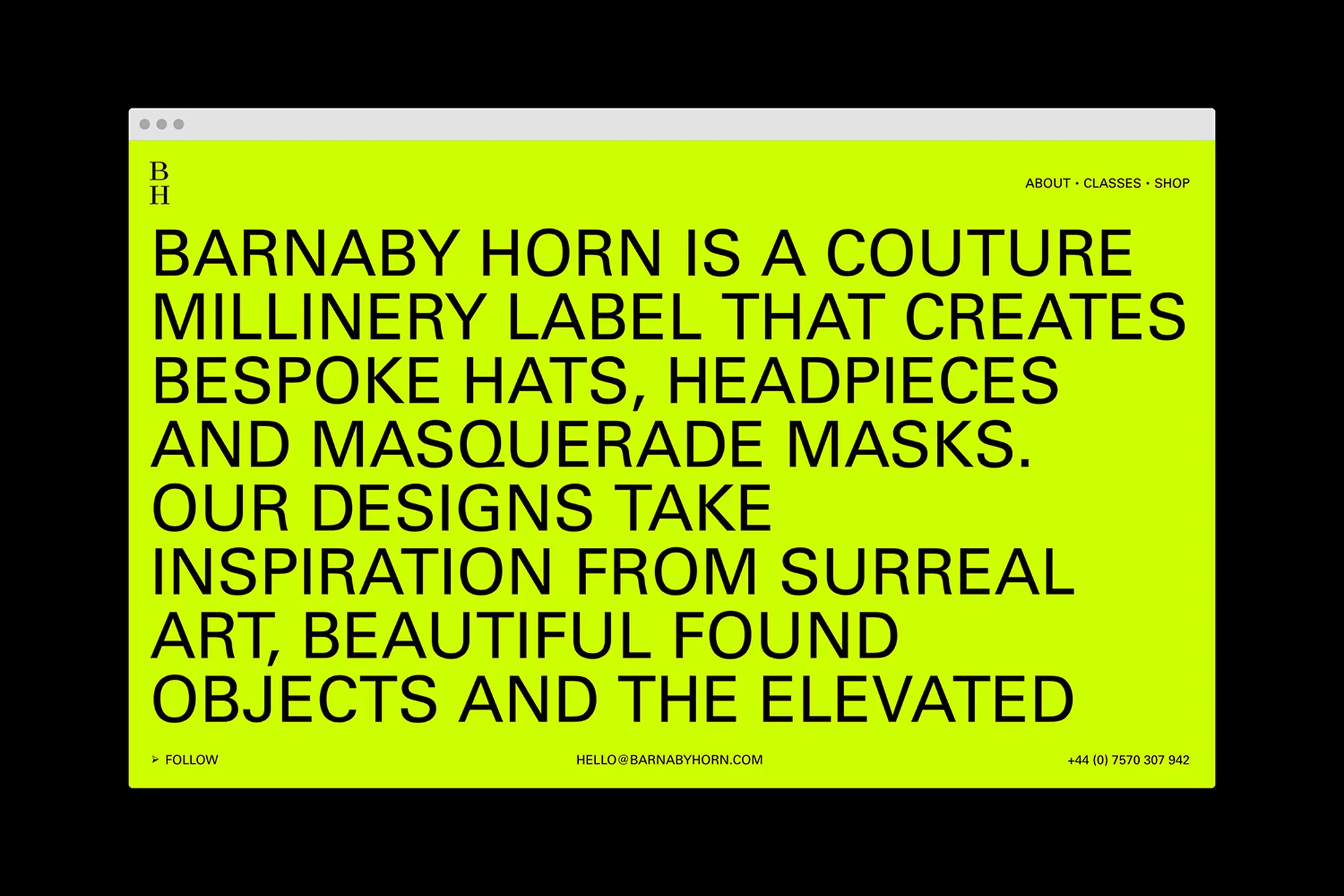 Barnaby Horn webpage. Text on neon green background promoting a couture millinery label that creates bespoke hats and masquerade masks.