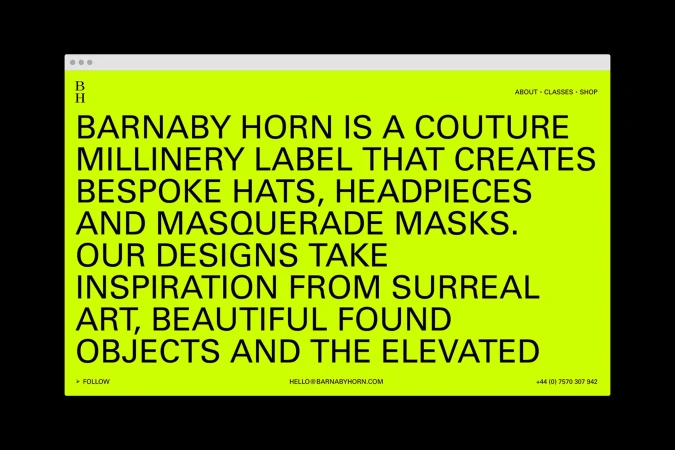 Barnaby Horn webpage. Text on neon green background promoting a couture millinery label that creates bespoke hats and masquerade masks.