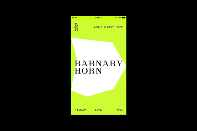 A digital rendering of a smartphone screen features a bright chartreuse background and geometric design elements in black and white.