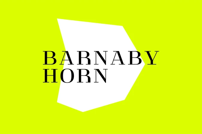 Barnaby Horn text on a bright yellow background with a geometric white shape for brand visibility and modern appeal.