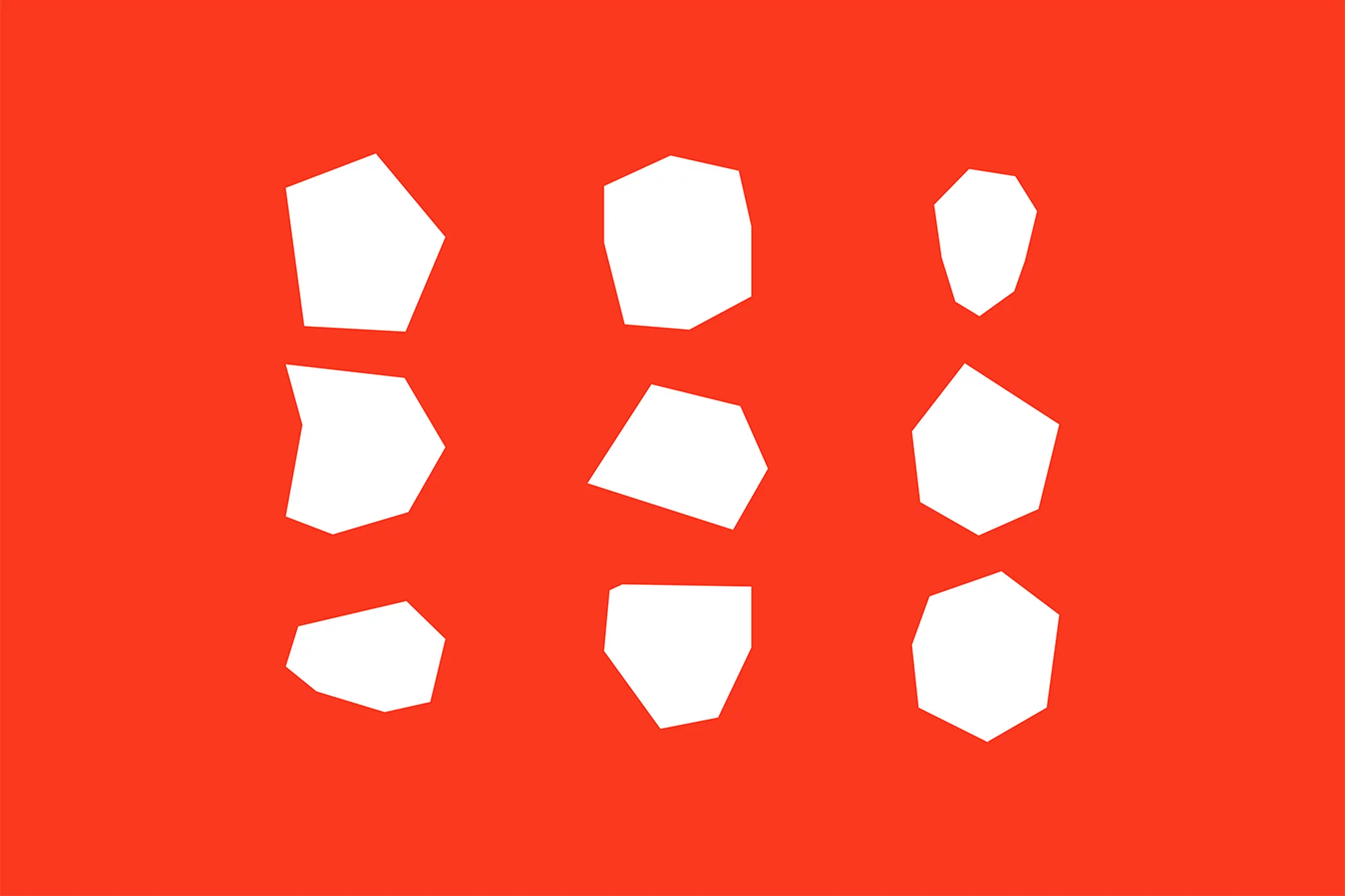 Abstract art featuring an arrangement of nine white polygon shapes against a bright red background, creating a bold, geometric pattern.