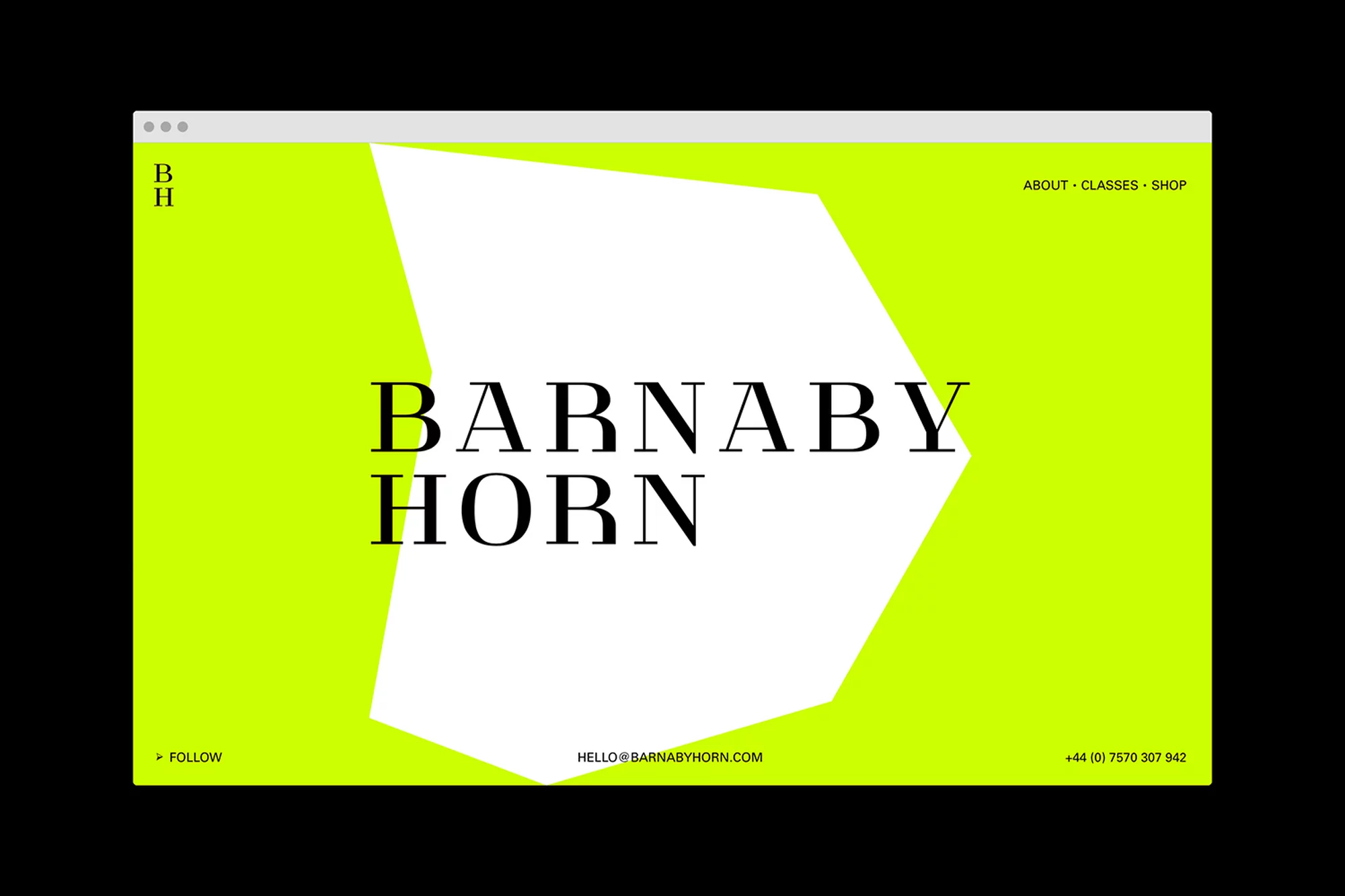 Barnaby Horn website design featuring a modern layout with a bright yellow background and bold sans-serif typography, white block design.