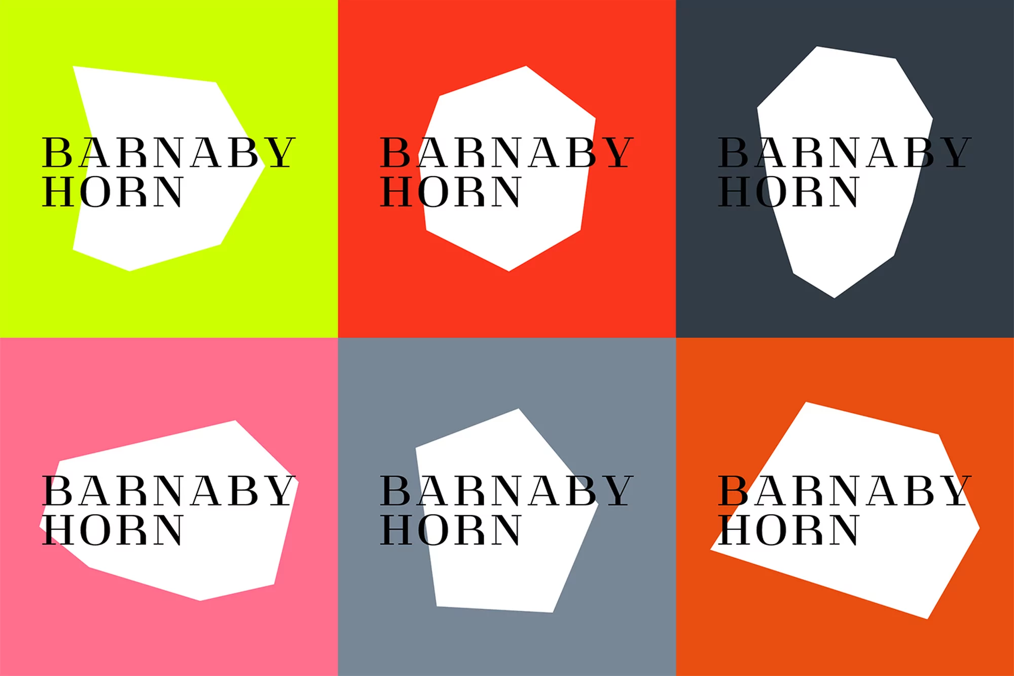 Colorful graphic design featuring the name 'Barnaby Horn' on white polygons against yellow, red, blue, pink, gray, and orange squares.