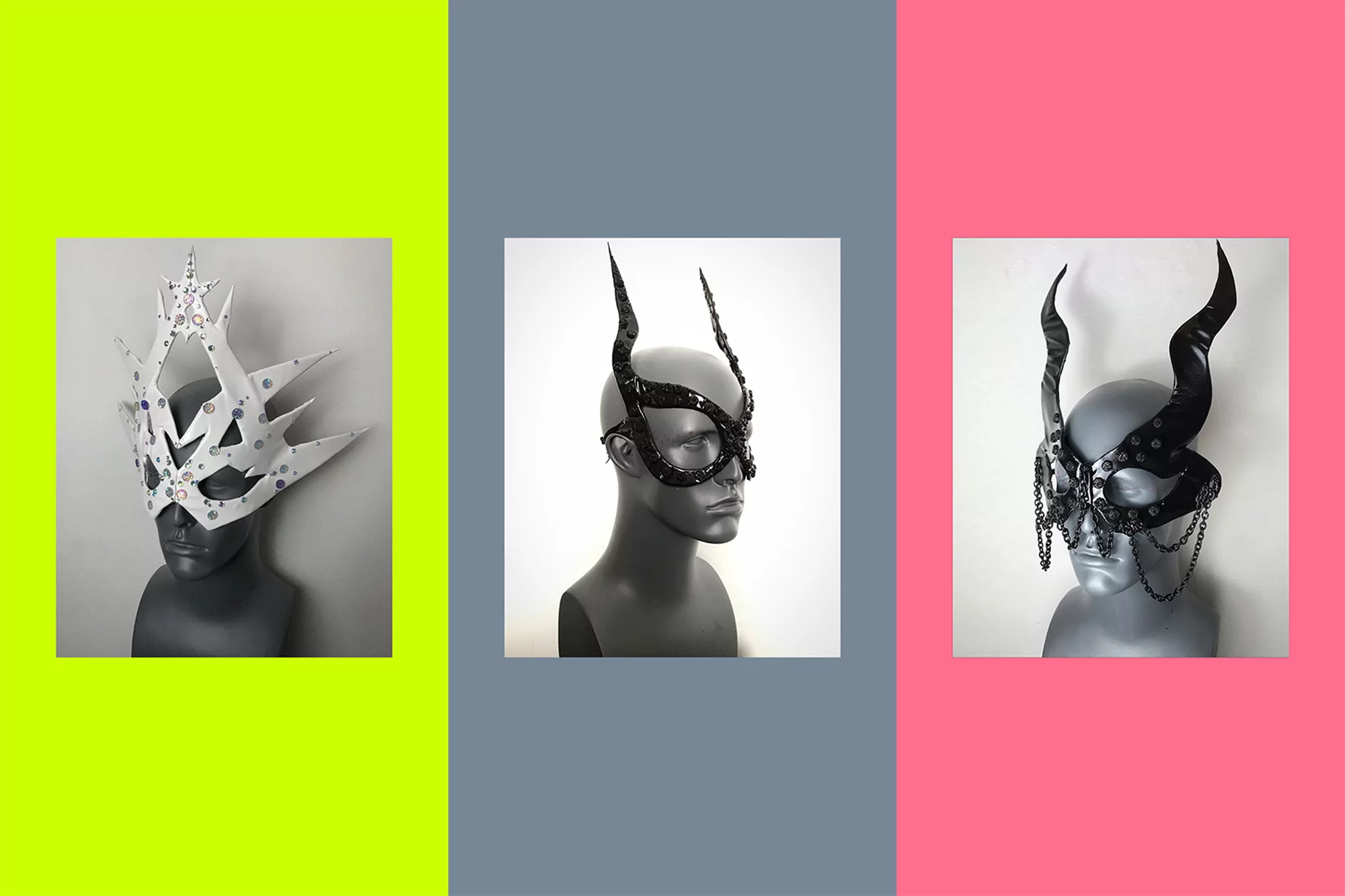 Three mannequin heads display white, black, and horned black masks, each in its own panel with background colors of yellow, gray, and pink.