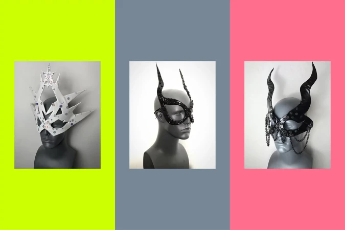 Three mannequin heads display white, black, and horned black masks, each in its own panel with background colors of yellow, gray, and pink.