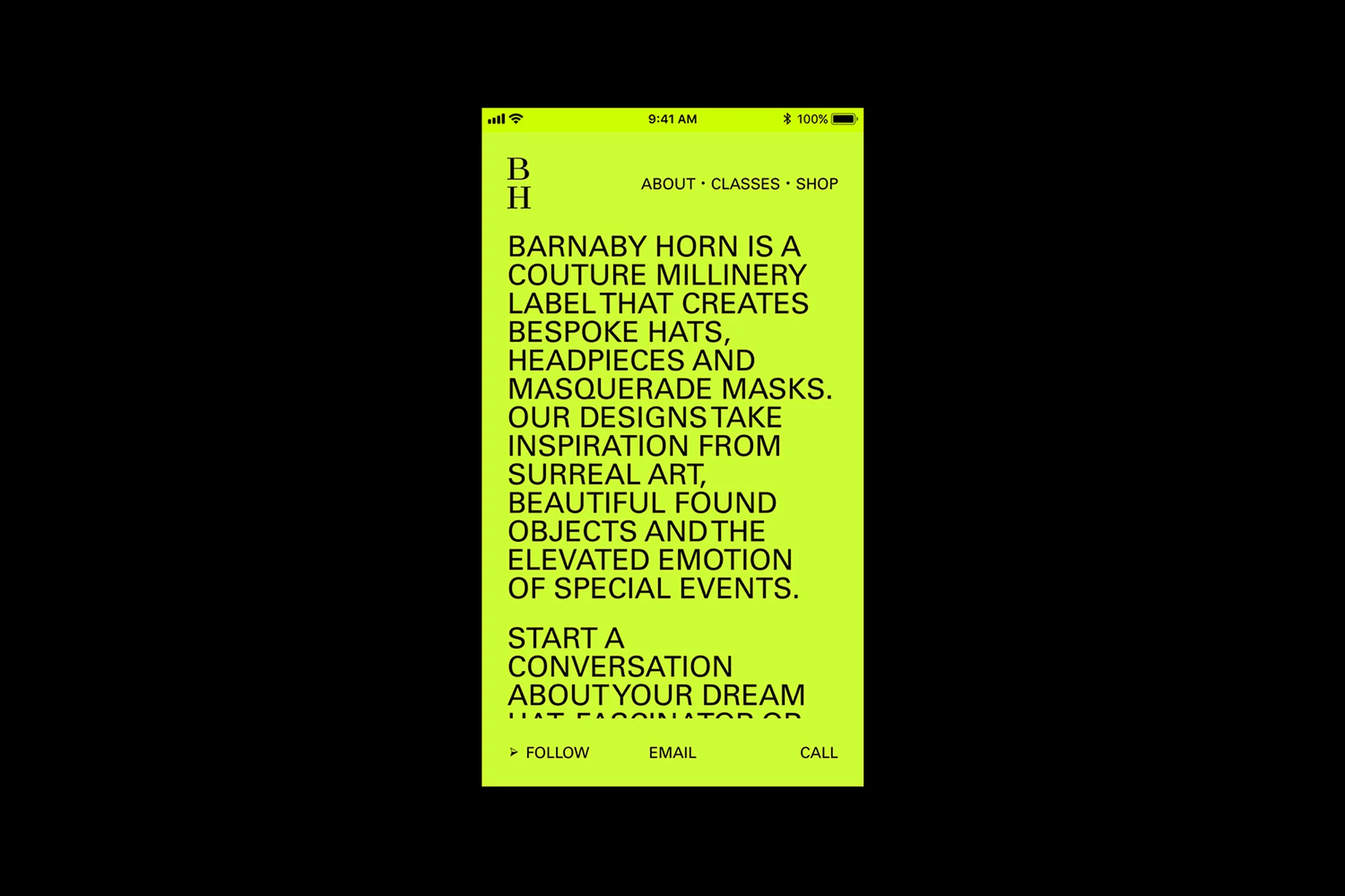 Screenshot of Barnaby Horn website on mobile. Couture millinery label creating bespoke hats, headpieces, and masquerade masks.