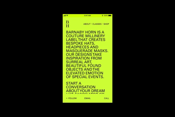 Screenshot of Barnaby Horn website on mobile. Couture millinery label creating bespoke hats, headpieces, and masquerade masks.