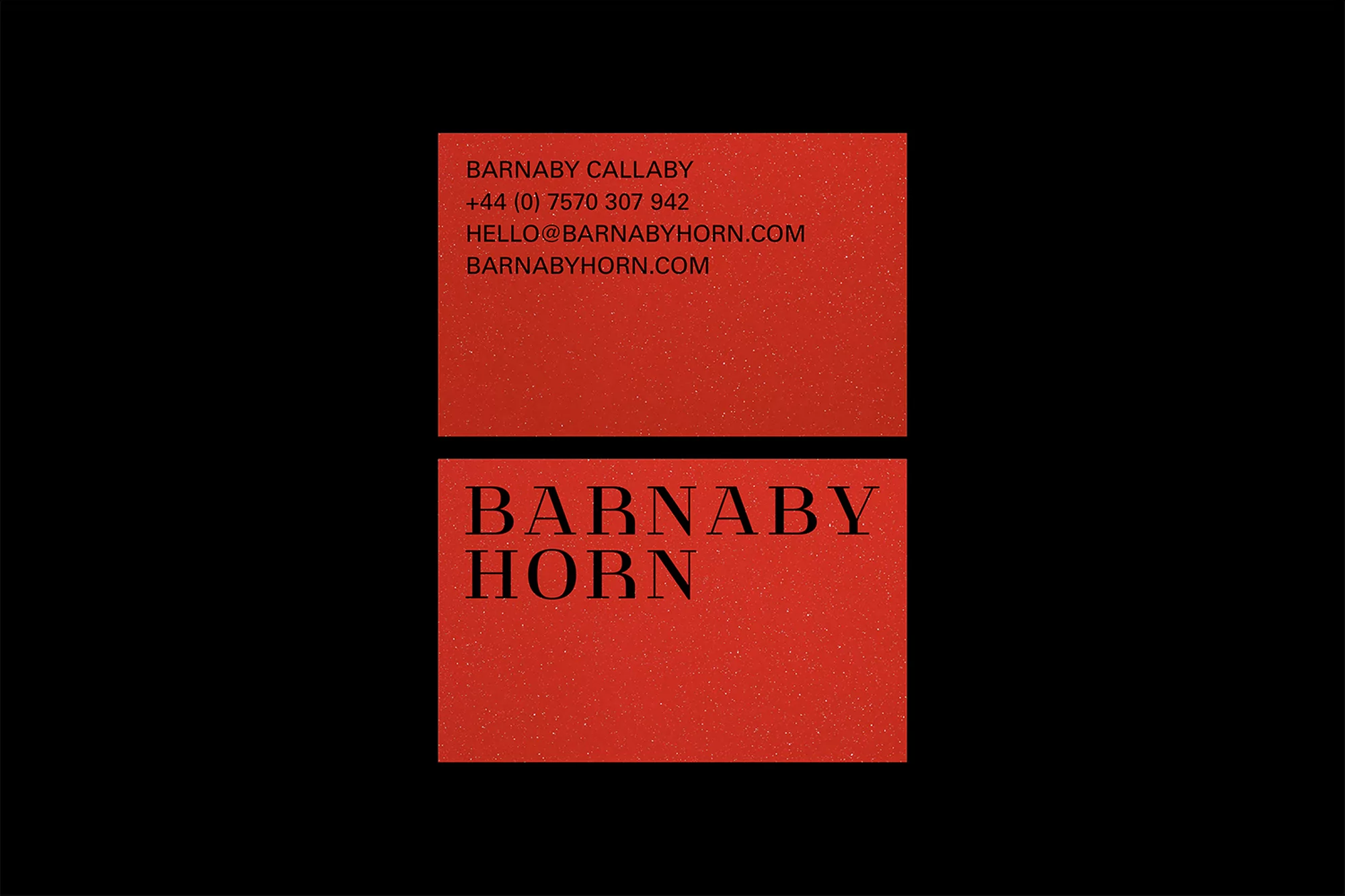 Two red business cards with black text on a black background. Business card features the name Barnaby Callaby Horn and contact information.