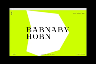 Website interface mockup with bold serif typography reading Barnaby Horn on a bright lime green and white geometric background.
