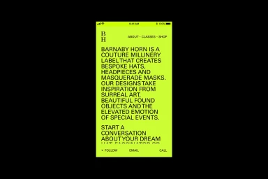 Mobile website UI displaying brand identity typography for Barnaby Horn against a vibrant chartreuse green background.