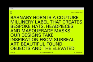 Browser window interface displaying large black sans-serif typography on a vibrant lime green background for Barnaby Horn brand identity
