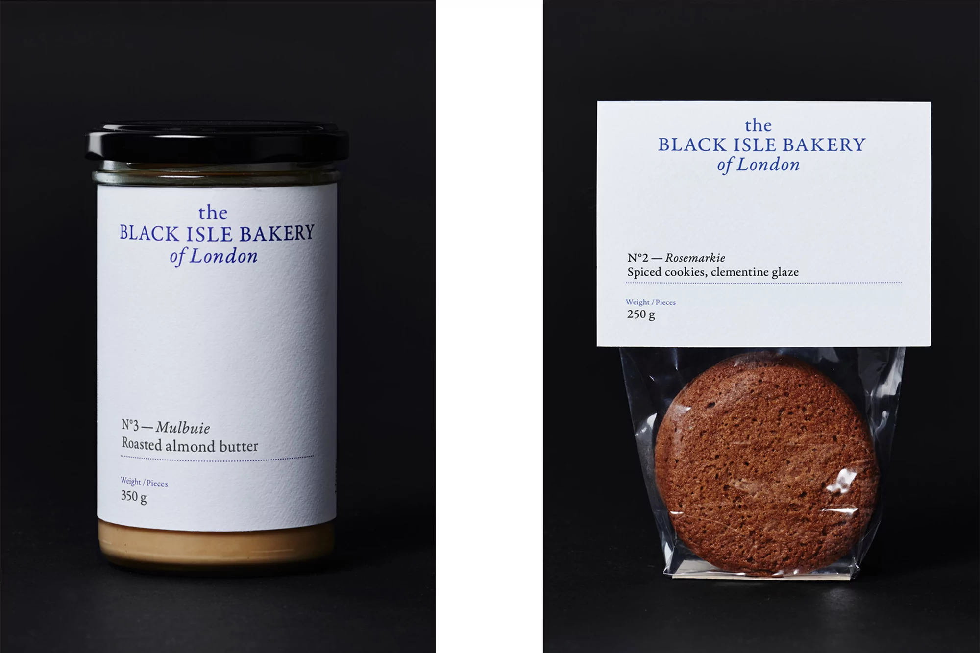 Two bakery products from The Black Isle Bakery of London: a jar of roasted almond butter and spiced cookies with clementine glaze.