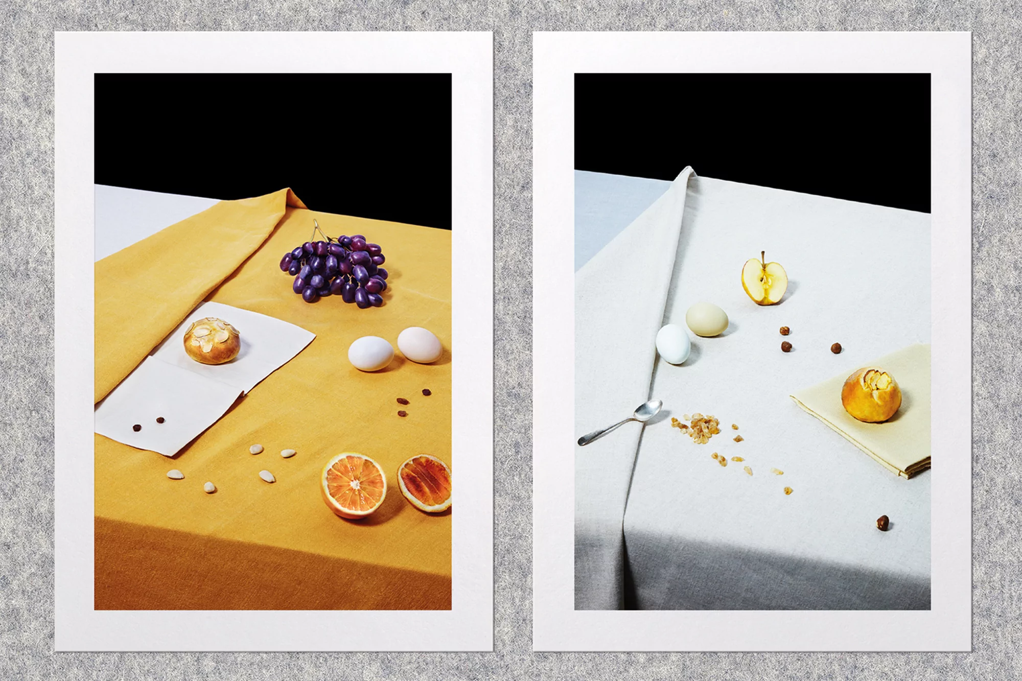 Two food still life compositions featuring fruits, eggs, and pastries, each with distinct colour palettes and arrangements on table linens.