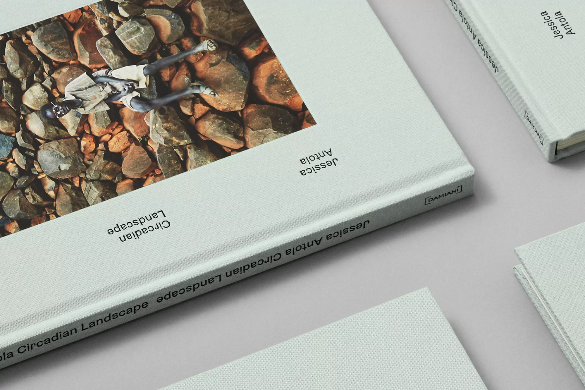 Three copies of 'Jessica Antola: Circadian Landscape' book with a close-up of the cover art featuring a person on rocks.